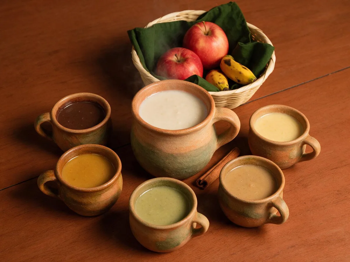 Tazas de barro con distintas variedades de atol y canela