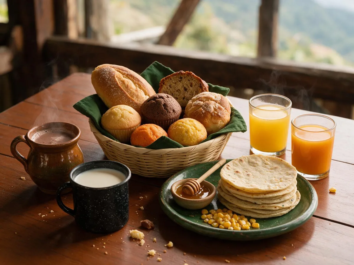 Canasta de panes, magdalenas, pan de banano, tortillas y bebidas calientes