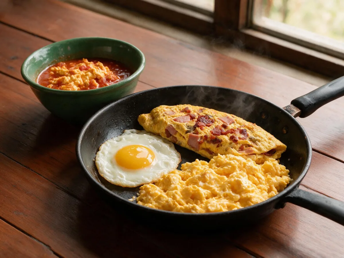 Huevos estrellados, huevos revueltos y omelette servidos en una sartén de hierro