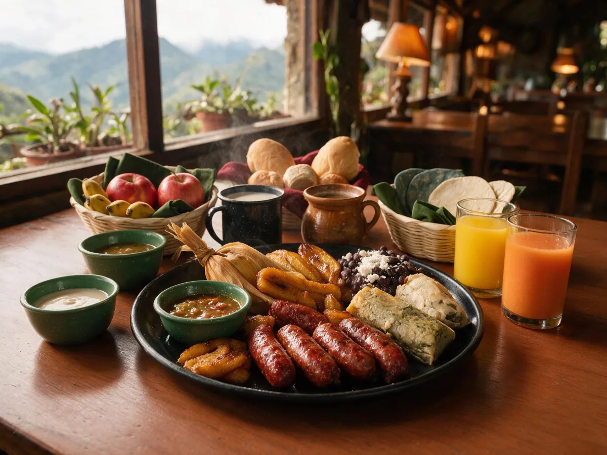 Chorizos, plátanos, frijoles, tamalitos y salsas de la estación guatemalteca