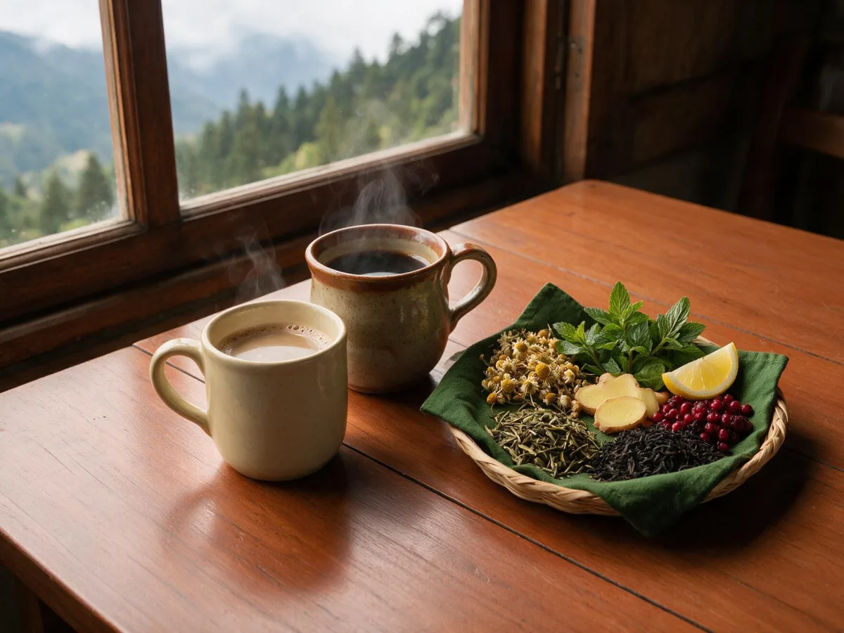 Café y tés calientes con hierbas, jengibre, limón y frutos rojos