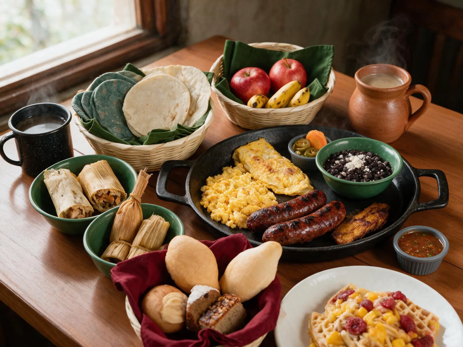 Mesa de desayuno buffet con huevos, chorizos, tamalitos, fruta, pan y bebidas calientes