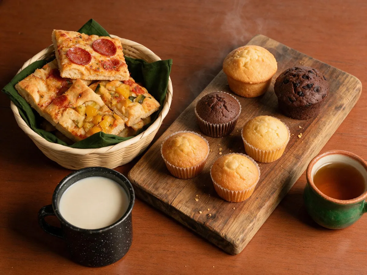Focaccia de pepperoni, focaccia vegetariana y muffins artesanales sobre una tabla