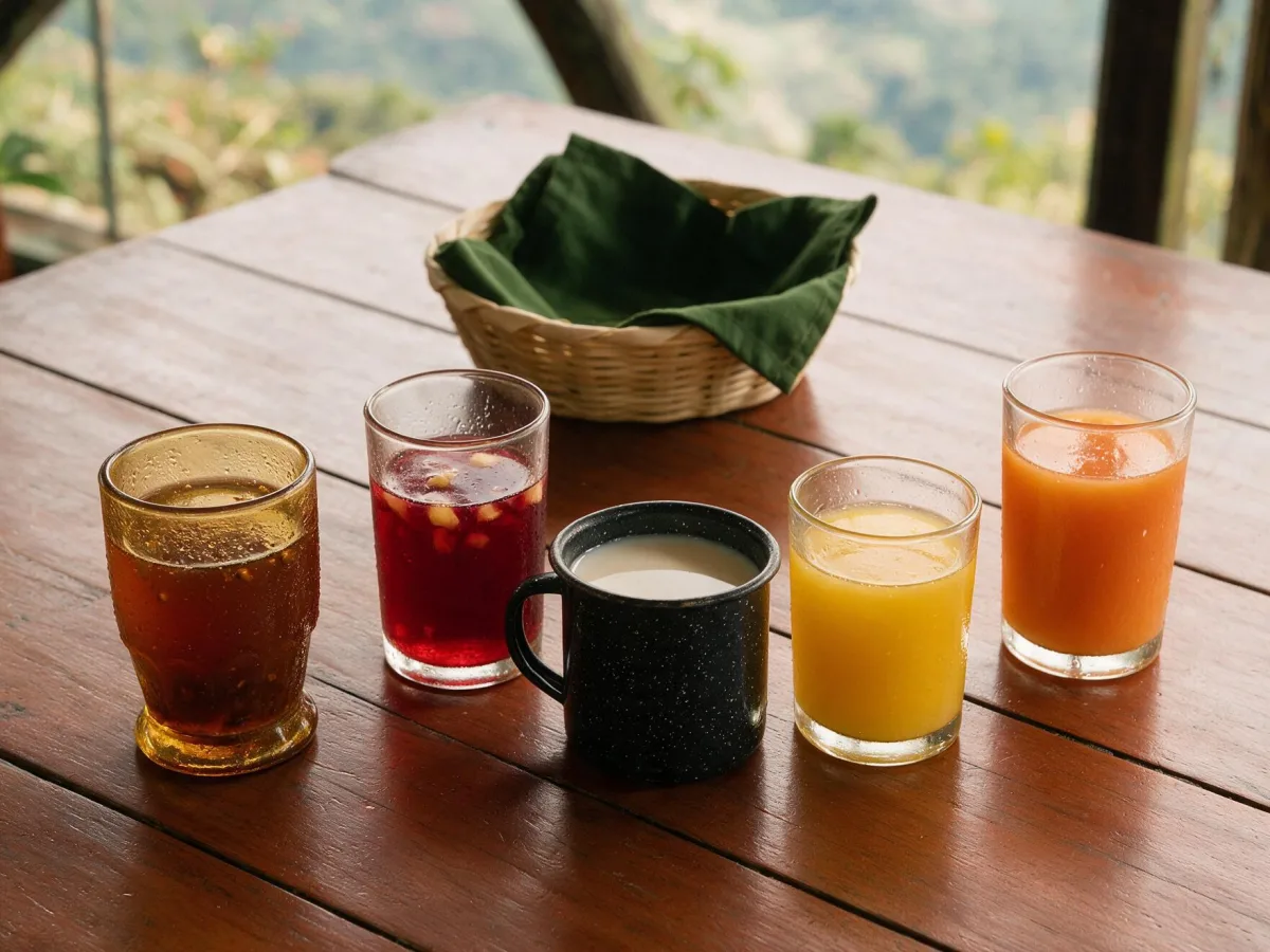 Vasos de frescos de tamarindo, jamaica, horchata y jugos de fruta