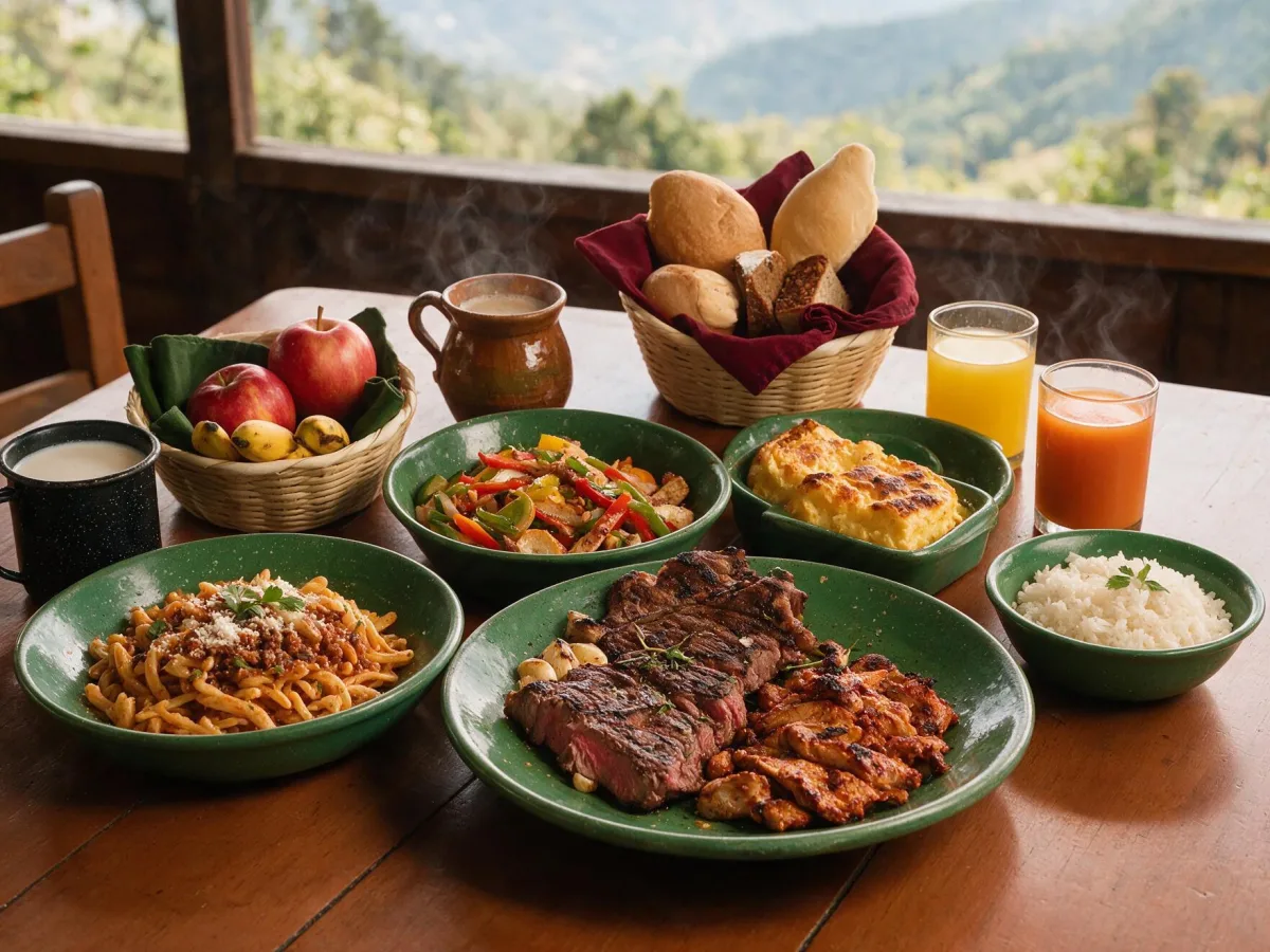Carnes asadas, fajitas, pasta, soufflé de papa y arroz servidos en platos verdes