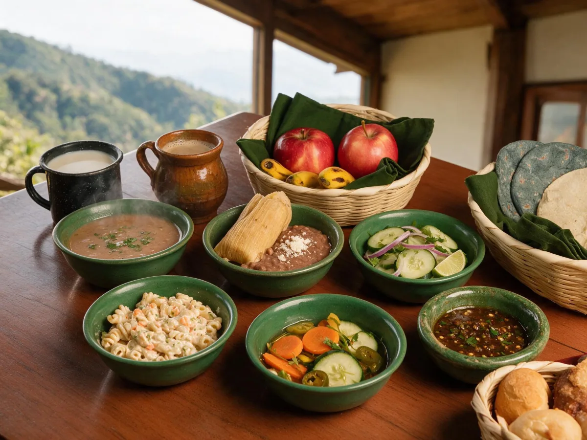 Crema de frijol, piloyada, ensalada de pepino, pasta y escabeche en cuencos verdes