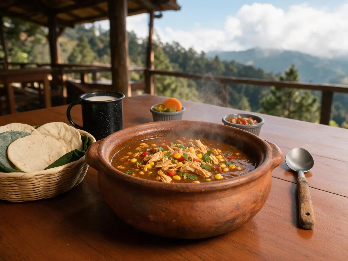 Guiso guatemalteco servido en una cazuela de barro junto a tortillas y encurtido