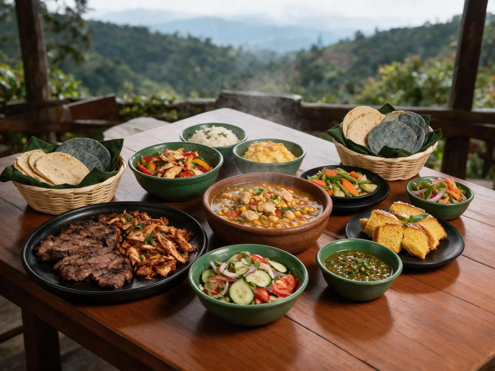 Mesa de almuerzo buffet con carnes, arroz, vegetales, guisos, ensaladas y tortillas